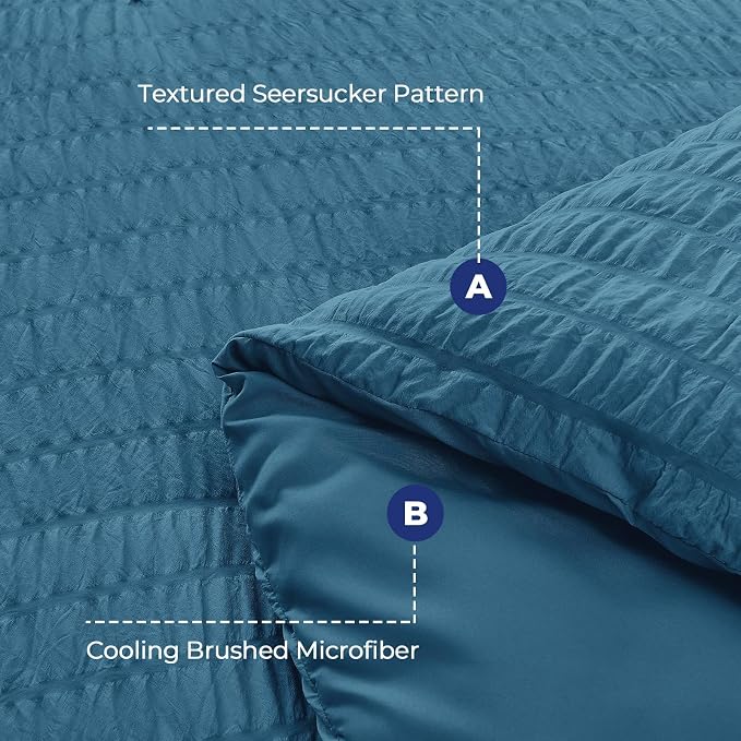 HYMOKEGE Teal Twin Comforter Set Seersucker 5 Pieces, All Season Luxury Bed in a Bag for Bedroom, Bedding Set with Comforters, Sheets, Pillowcase & Sham