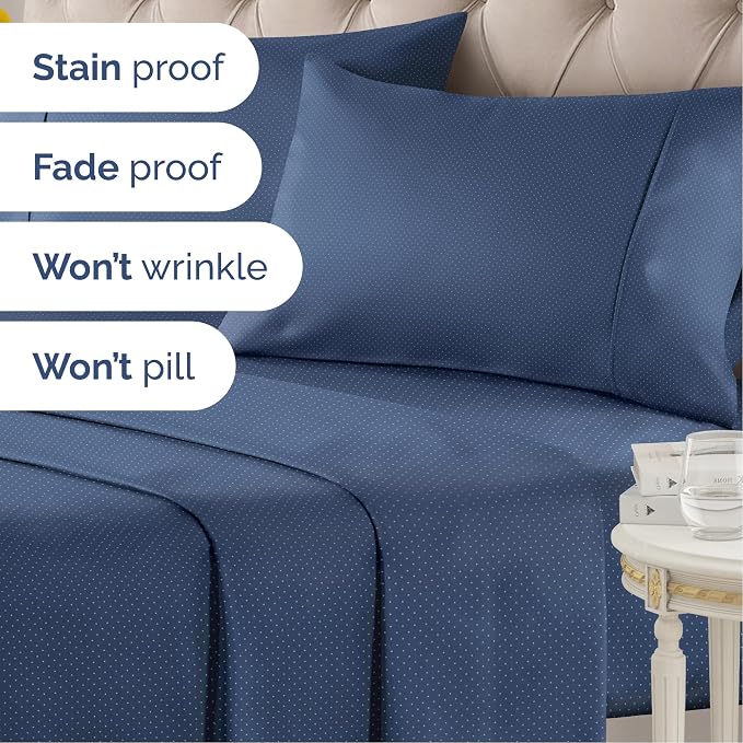 Twin 3 Piece Striped Sheet Set - Breathable & Cooling - Navy Microdots | 1 Flat, 1 Fitted & 1 Pillowcase w/ Deep Pockets, Luxury Striped Bedding, Soft, Breathable & Cooling, Wrinkle & Fade Free