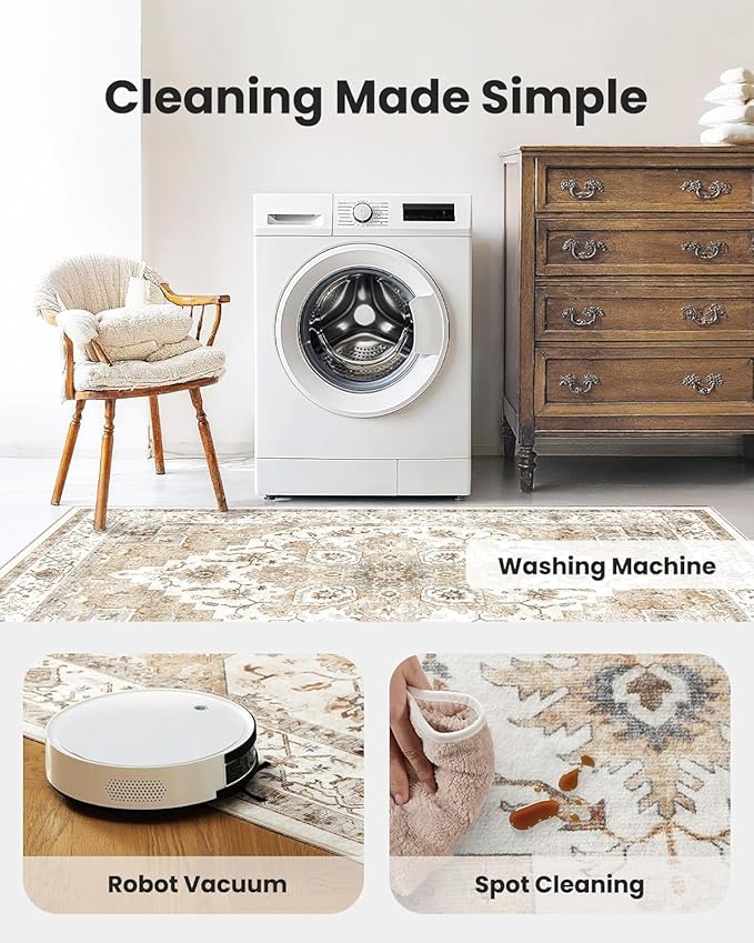 AMADA HOMEFURNISHING Round 5ft Area Rugs, Low-Profile Washable Rug with Non-Slip Backing & Durable Edge Binding, Vintage Rugs for Living Room, Bedroom, Dinning Room
