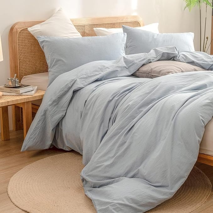 BESTOUCH Cotton Solid Duvet Cover Set Cornflower Blue Oversized Full | 100% Washed Cotton, Soft Wrinkle Texture, Hidden Zipper, 8 Ties, Breathable Lightweight Durable Comfy, 3 Pcs No Insert