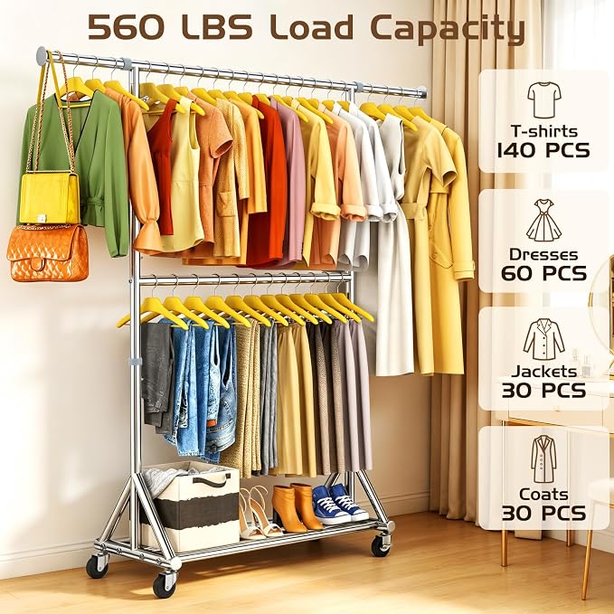 Heavy Duty Rolling Clothes Rack with Double Rods for Hanging Clothes, Adjustable & Extendable Metal Clothing Rack, Garment Rack With Wheels Shelf, Sturdy Freestanding Closet Rack, 100% Stainless Steel