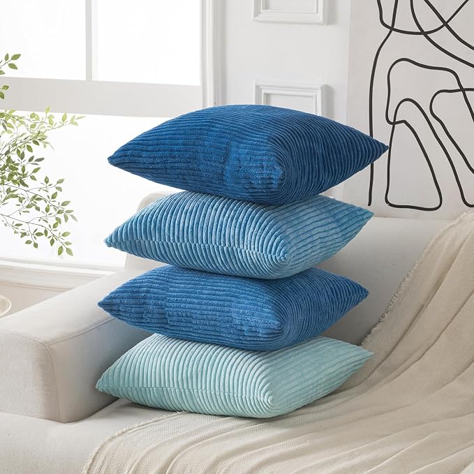 Volcanics Set of 4 Light Blue Corduroy Couch Throw Pillow Covers 18x18 in | Decorative Soft Modern Boho Striped Accent Cushion Cases for Beach, Patio, Balcony, Summer Gradient Shams Home Decor