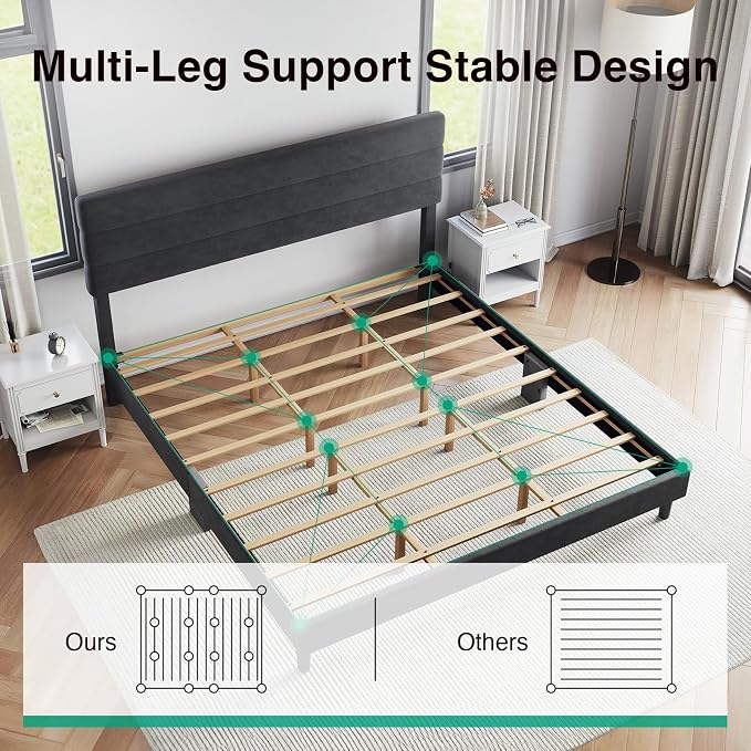 Novilla King Bed Frame and Headboard, King Bed Frame, Velvet Upholstered Stripe Bed Frames, No Box Spring Needed, Heavy Duty Feet, Easy Assembly, Black Velvet