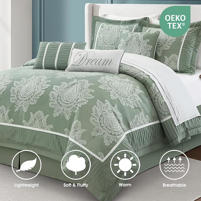 Sage California King Comforter Set, 15 Pieces, Damask Jacquard Woven, Bedding Set with Sheets, Room in a Bag, Comforter, Bed Skirt, Pillow Shams and Decor Pillows, Curtains