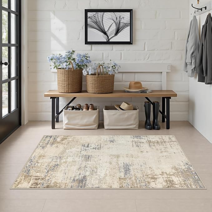 Area Rug Living Room: 3x5 Modern Washable Soft Carpet Beige Brown | For Hallway, Bedroom, Kitchen, Laundry, Bathroom,Door Mat,Modern Abstract,Machine washable,Non-Slip,Stain Resistant,Indoor