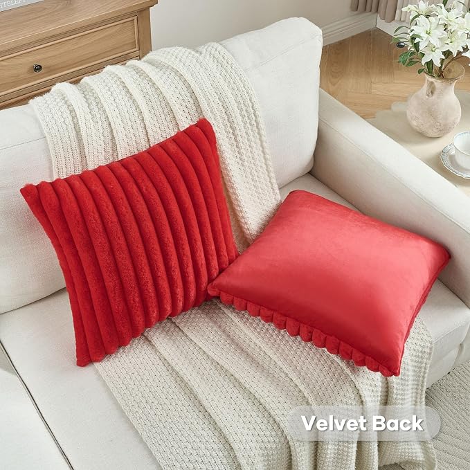 FUTEI Pack of 2 Faux Fur Throw Pillow Covers 12x20 Inch, Red | Fluffy Faux Rabbit Fur Front/Premium Velvet Back,Hidden Zipper,Machine Washable,Non-Shedding,Colorfast,Insert Not Included.