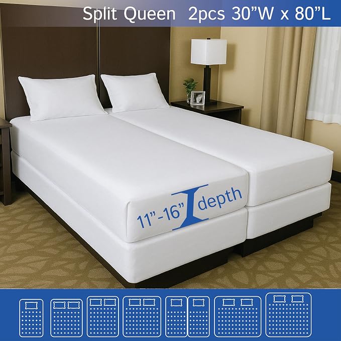 Split Queen Mattress Encasement 30" x 80" (2PCs) - Waterproof Zippered Protector Hypoallergenic Premium Quality Cover for Adjustable Beds and Split Mattresses (11"-16" Depth)