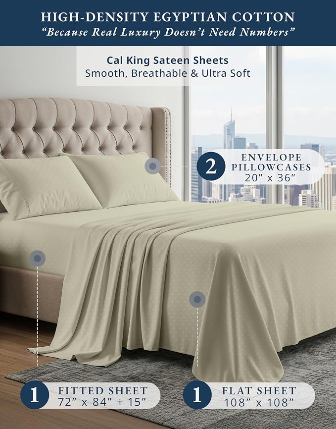 LANE LINEN Cal King Cotton Sheets 100% Egyptian Cotton Sateen - Linen | California King Sheet Sets Cooling - 4-Piece Set, Long-Staple Egyptian Cotton, For A Cool, Restful Sleep, Cozy Feel