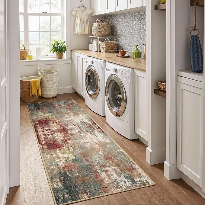 RELEANY Washable Runner 2'x6' Abstract Area Rug for Hallway Rustic Brown | Carpet for Kitchen, Entryway, Bathroom, Living Room, Bedroom, Printed Pattern, Non‑Slip, Soft, Stain‑Resistant, Easy to Clean