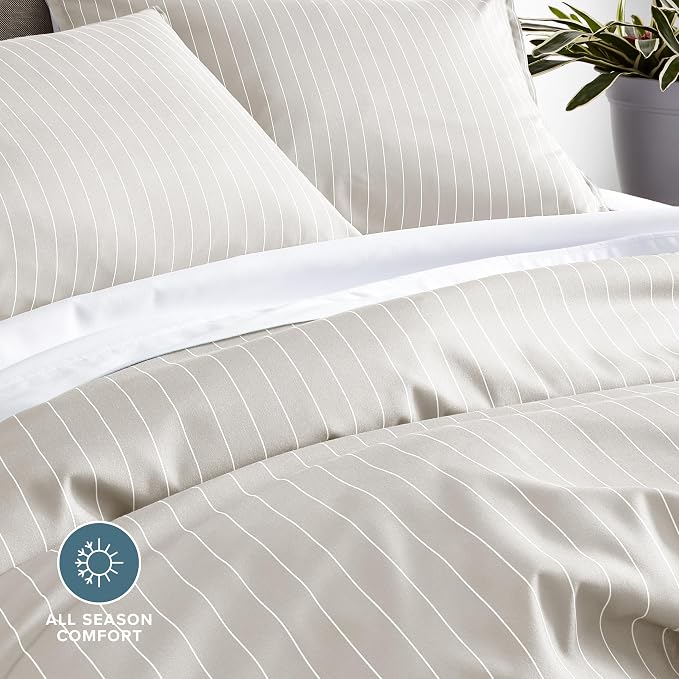 Bare Home Duvet Cover Set (Twin/Twin XL, Pinstripe - Stone/White) | 1800 Ultra-Soft, Lightweight, Cooling, Breathable, Premium, All-Season