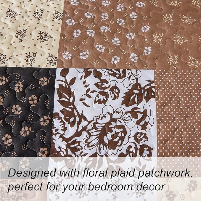 Mybedsoul Brown Quilt Set Full Size, Patchwork Floral Bedding Set | Soft Lightweight Microfiber Coverlet Set, 3 Pieces Plaid Reversible Bedspread, Bed Sets for All Seasons 78"x90"