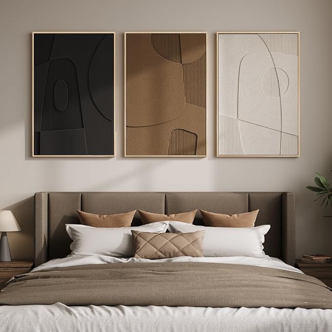 3D Textured Large Framed Abstract Wall Art for Living Room, 3Piece 24x36 In | Wood Frames, Neutral Black White Brown Sandstone Paintings, Modern Artwork for Walls, Geometric Wall Decor Bedroom Office
