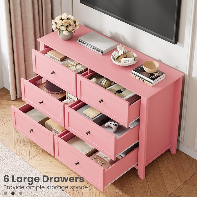 Garvee 6 Drawer Dresser for Bedroom, 47.2" Wide Modern Large Chest of Drawers with Metal Knobs, Wooden Clothes Storage Organizer for Closet, Nursery, Living Room, Apartment, Pink | Lacquered Finish, Metal Knobs, Clothes Storage Organizer for Closet, Nu...