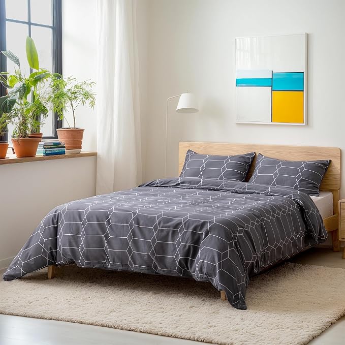 TOCOMOA Plaid Duvet Cover Set 100% Natural Cotton, Grey & White, King | Soft, Comfy & Breathable. Printed Bedding Set with Hidden Zipper & 8 Corner Ties. 3PCs, Comforter Not Included