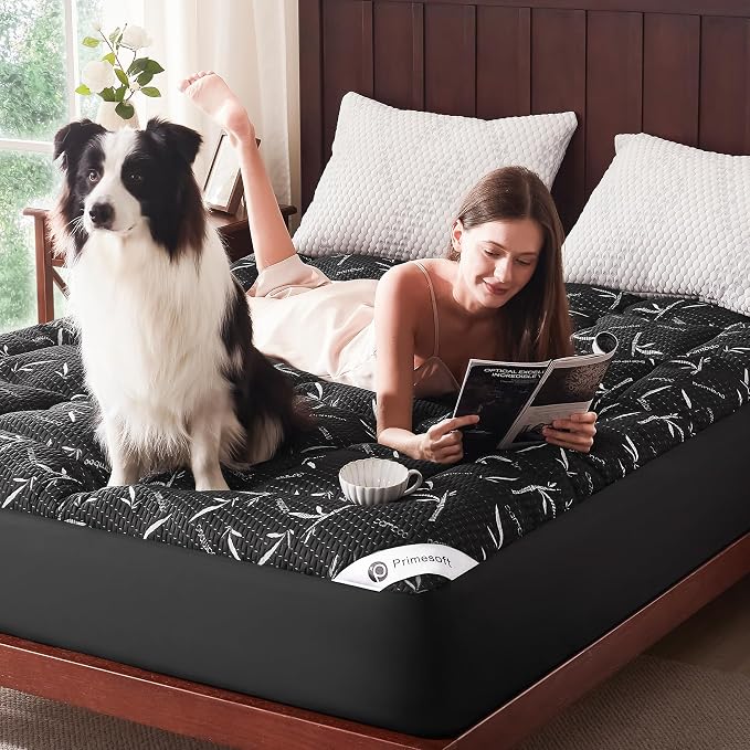 PRIMESOFT Twin Size Mattress Topper, Thick Pillow Top Mattress Pad，Up to 21 Inch Deep Pocket, Soft Breathable Mattress Pad for Back Pain, Waterproof Protector Cover(Black)