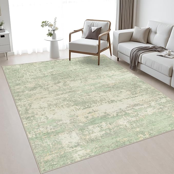 5x7 Area Rug Living Room: Modern Washable Soft Carpet Green Cream | For Bedroom Dining Room Farmhouse Nursery Hallway Office,Modern Abstract,Machine washable,Non-Slip,Stain Resistant,Indoor