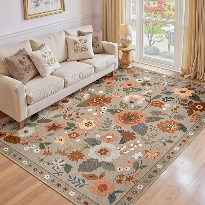 RELEANY Floral Washable 6x9 Area Rugs Brown/Brick | Flower Carpet, Print, Boho, Non-Slip, Easy to Clean, Soft, Low Pile for Living Room Bedroom Kitchen Office Entryway Hallway