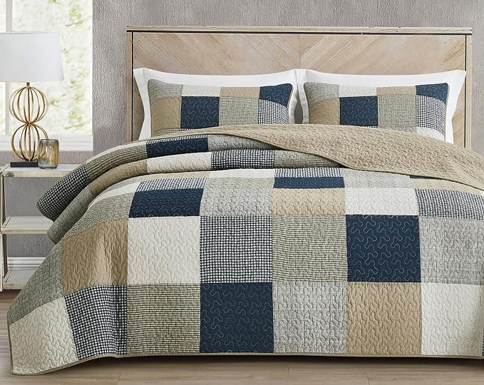 Chezmoi Collection Samuel 3-Piece Navy Blue White Gray Taupe Plaid Square Patchwork Quilt Set - Pre-Washed Cotton Quilted Coverlet - Lightweight Reversible Bedspread for All Seasons, Queen Size