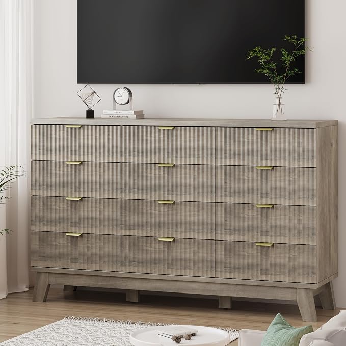 Xixini Fluted Dresser for Bedroom with 12 Drawers, 57" Wide Modern Chest of Drawers with Metal Handle, Wooden Dresser TV Stand, Wood Closet Clothes Storage Organizer for Living Room, Hallway, Grey