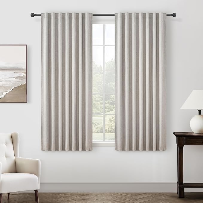 Natural Melange Short Small Window Room Darkening Curtains 54 Inches Long for Bedroom/Basement, Boho Linen Thermal&Soundproof Blackout Curtain Back Tab Pleated Hooks Light Brown (50"Wx54L 2 Panels)