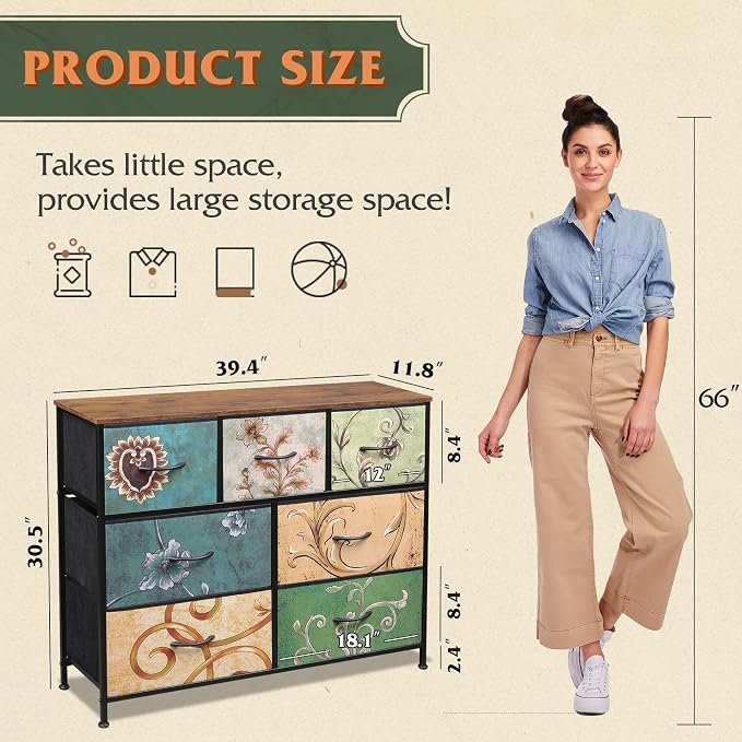 WLIVE Dresser for Bedroom, 7 Drawers, TV Stand, Floral | 7 roomy fabric drawers, Fits TVs up to 45 inch, Bedroom or living room, Wide storage design, Chest of drawers