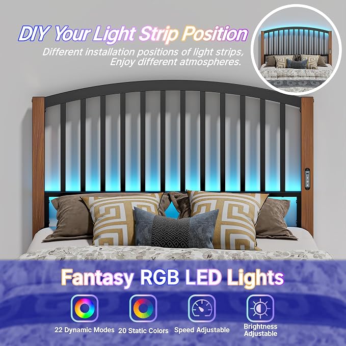 Weehom Metal Full Headboard Only with LED Lights and USB, Cherry Wood Grain | Freestanding full size headboard; adjustable height; USB charging station; modern bedroom design