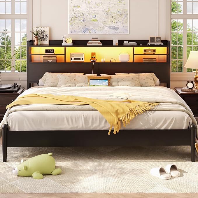 Aheaplus Headboard for Queen Size Bed with Storage, Rustic Brown | Headboards with LED Light, Power Outlets, USB Ports Queen Size Head Board, Wood headboard Only Sturdy and Stable Headboards