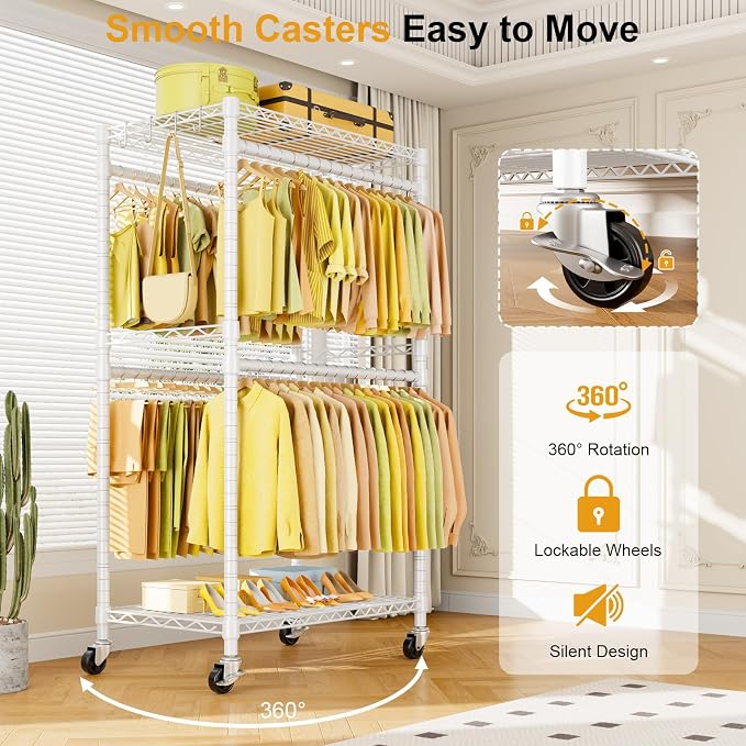 P4 Rolling Clothes Rack, Clothing Racks for Hanging Clothes, White | Heavy Duty Garment Rack with Wheels, 2-Tier Free Standing Portable Closet Racks 35.5''W × 20.5''D × 80.5''H, Max Load 560Lbs