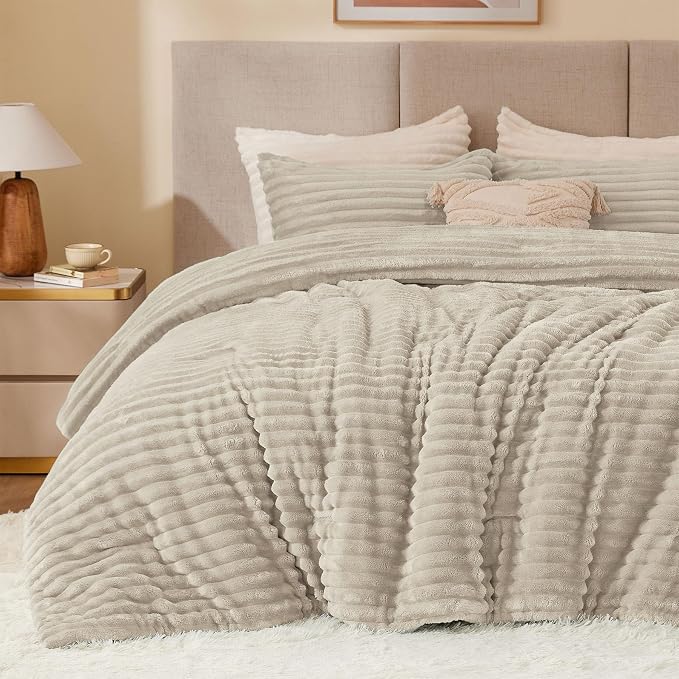 BEDELITE Fleece King Comforter Set, Fluffy Bed Set, Linen | Super Soft & Warm Bedding, Luxury Fuzzy Faux Fur Comforter for Winter, Heavy Plush Bedding, with 2 Pillowcases