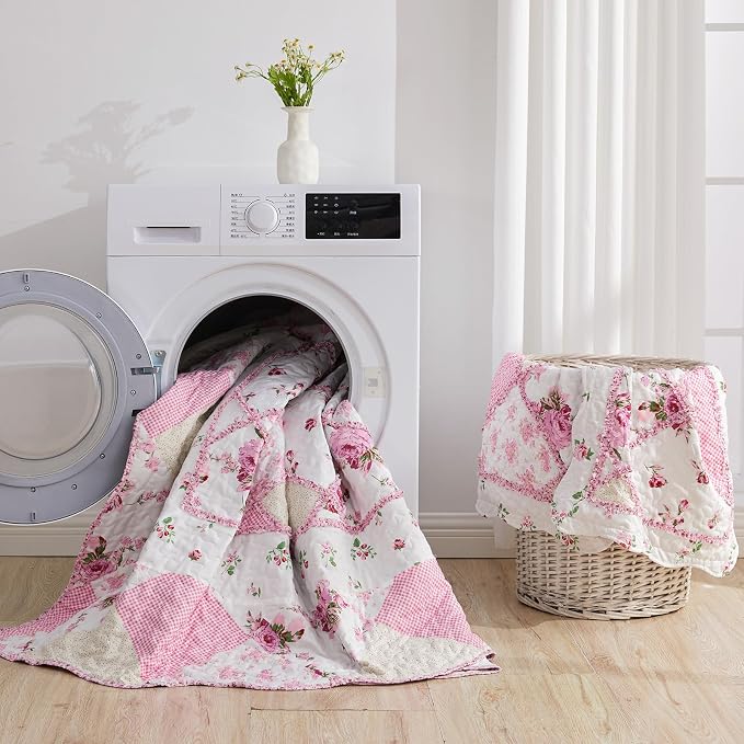Full/Queen Size Quilt Set Pink Floral Patchwork Bedspreads Coverlet Set | VIVILINEN 3-Piece Reversible Floral Bedding Set Lightweight Comforter Queen Bed Sheet Set Cover Blanket with 2 Pillow Shams