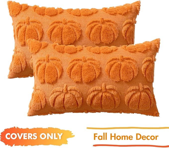 MIULEE Fall Pillow Covers Pumpkin Fall Decor Lumbar 12x20 Orange | Set of 2 Fall Decorations for Home, Plush Faux Fur Farmhouse Accent Pillowcases, Porch Sofa Couch Cushion Bed Livingroom