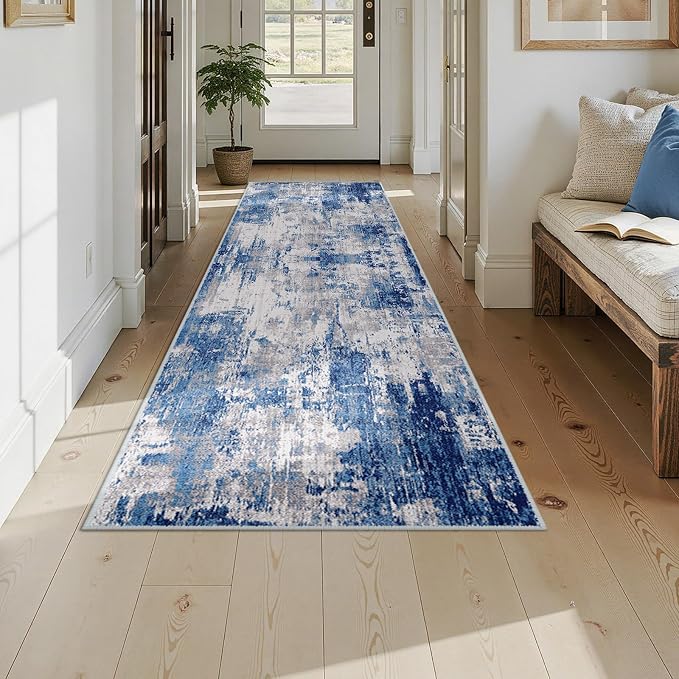 RELEANY Washable Runner 3'x9' Abstract Area Rug for Hallway Blue Gray | Carpet for Kitchen, Entryway, Bathroom, Living Room, Bedroom, Printed Pattern, Non‑Slip, Soft, Stain‑Resistant, Easy to Clean