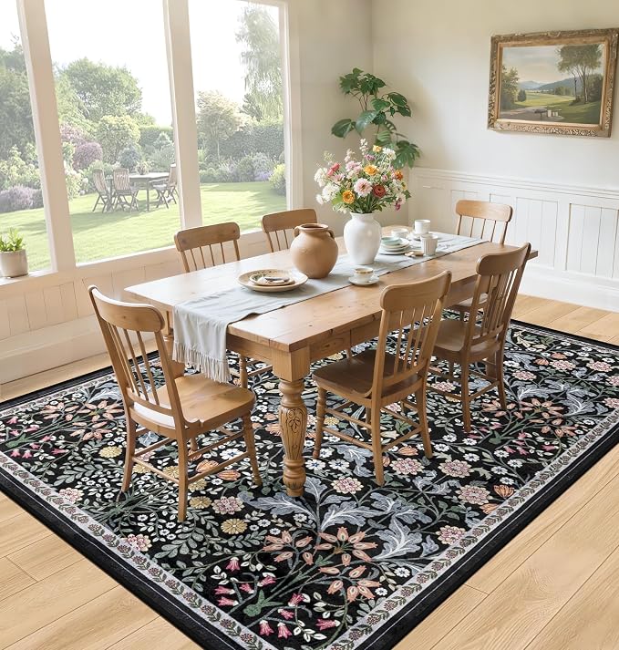 PLHXFR Area Rug 10x14 Living Room: Floral Washable Boho Carpet Dark Black | For Bedroom Dining Room Farmhouse Nursery Hallway,Vintage Floral,Machine washable,Non Slip,Stain Resistant,Large Indoor