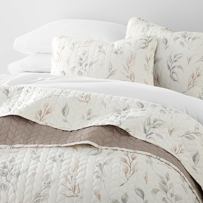 Merit Linens Soft Quilt Coverlet Bedding Set - Pattern/Solid Reversible - King/Cal-King Latte