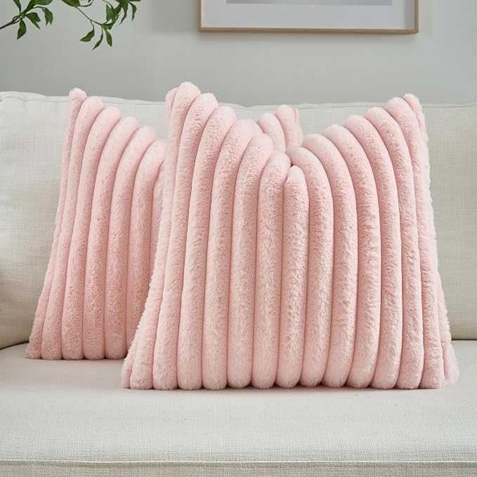FUTEI Pack of 2 Faux Fur Throw Pillow Covers 18x18 Inch, Pink | Fluffy Faux Rabbit Fur Front/Premium Velvet Back,Hidden Zipper,Machine Washable,Non-Shedding,Colorfast,Insert Not Included.