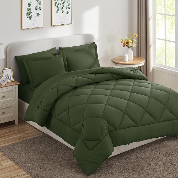 Full Size Comforter Sets Olive Green - 7 Pieces Bed in a Bag | OEKO-TEX Certified, All Season, 240GSM Down-Alternative Comforter, Sheets, Pillowcases & Shams, 14" Deep Pocket, Easy Care