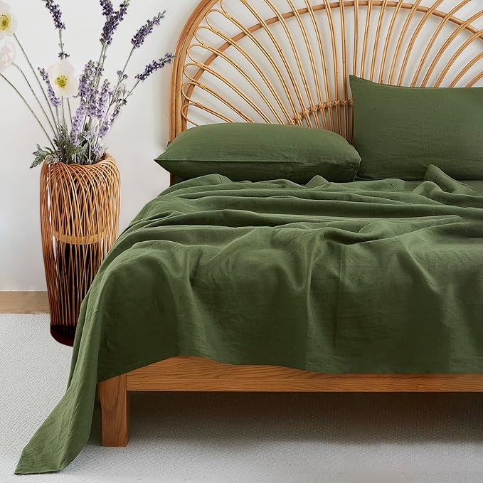 100% Linen Sheets Set King Size, Natural Pure Flax 4 Piece Bed Sets, 16" Deep Pocket, Breathable Cooling Bed Soft Durable Bedding, Machine Washable (Mossy Green,King)