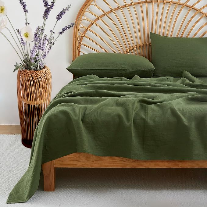 100% Pure Linen Queen Sheets Set, Natural French Linen Sheets | Breathable Cooling Soft Durable Washed 4 Piece Bedding Sets with 16" Deep Pocket, Machine Washable (Mossy Green,Queen)