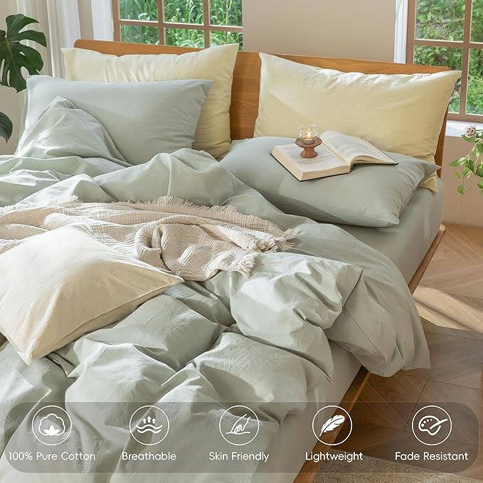 MooMee Duvet Cover Set 100% Washed Cotton Linen Like Oversized King Plus | Relaxed Linen-like Texture. Soft, Breathable & Long-lasting Comfort. Lightweight. Hidden Zipper with 8 Interior Corner Ties