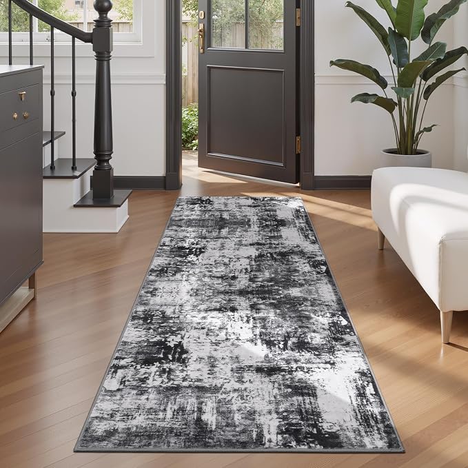 Rugflix 2x6 Runner Rug for Hallway, Washable Black Grey Kitchen Runners | Machine Washable; Stain-Resistant; Low Pile; Non-Slip; Modern Abstract; Carpet for Bedroom Bathroom Laundry