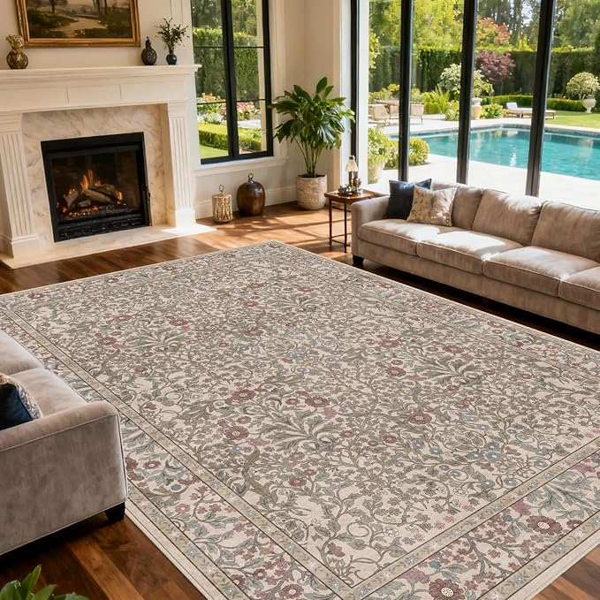 Extra Large 10x14 Area Rug for Living Room, Washable Rugs for Dining Room, Bedroom, Non Slip Stain Resistant Carpet, Low Pile Vintage Floral Rug (Moss)