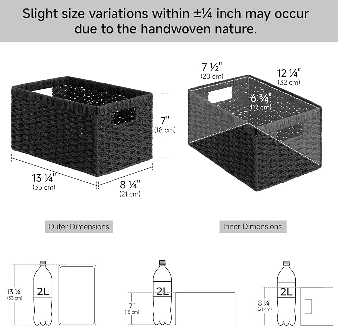 StorageWorks Wicker Storage Baskets for Organizing, Black Baskets, 2-Pack | Paper Rope Black Wicker Baskets, Wicker Storage Baskets for Shelves, Pantry Organizers and Storage, Black Woven Baskets