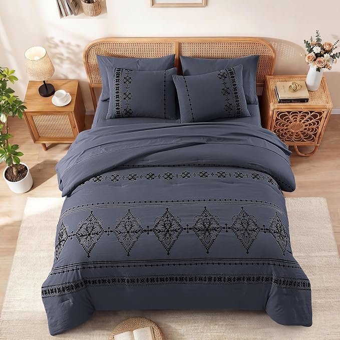 MaiRêve Full Size Comforter Set Embroidery Floral 7 Pieces Bed in a Bag | Crown Blue Boho Farmhouse Bedding Sets with Comforter, Sheets, Pillowcases & Shams