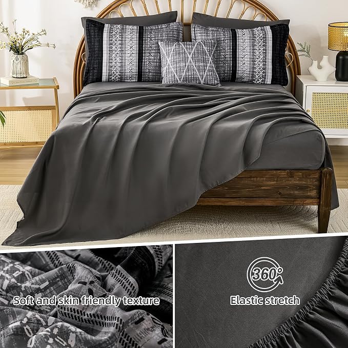 Dintszyayue Black Comforter Set Cal King Size, 8 Pieces Boho Striped Bed in a Bag Soft Microfiber Bedding Set for All Season
