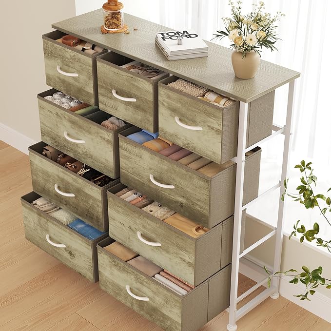DUMOS 9 Drawer Dresser for Bedroom, Storage Organizer Chest of Drawers | Fabric Bins Storage Tower with Sturdy Metal Frame, Wood Tabletop for Closet, Oak