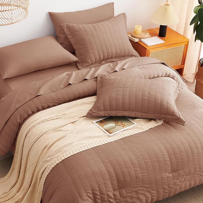 Queen Comforter Set, 7 Pieces Mocha Mousse Seersucker Bed in a Bag | OEKO-TEX Certified, All Season Bedding Set with 240 GSM Down Alternative Comforter, Flat & Fitted Sheets, Pillowcases & Shams