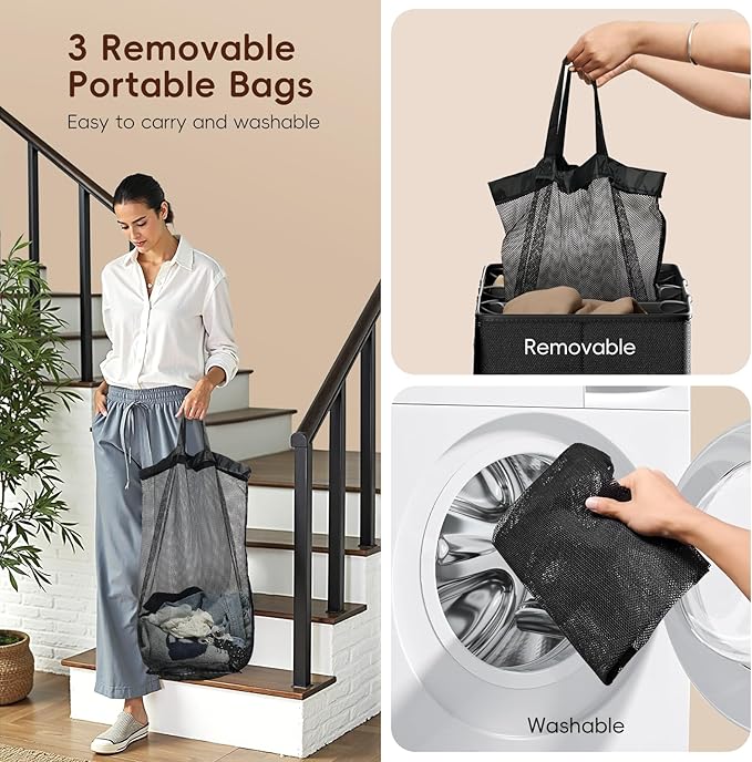 185L Laundry Hamper 3 Section, Laundry Hamper with Lid, Dirty Clothes Hamper with 3 Removable Washing Bags, Extra Large Laundry Basket Organizer for Bedroom, Laundry Room, Dorm - Beige
