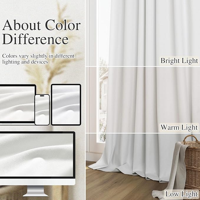 White 100% Blackout Linen Curtains 80 Inch Length 2 Panels Set for Living Room Bedroom Back Tab Thermal Insulated Black Out Linen Drapes 80 Inches Long