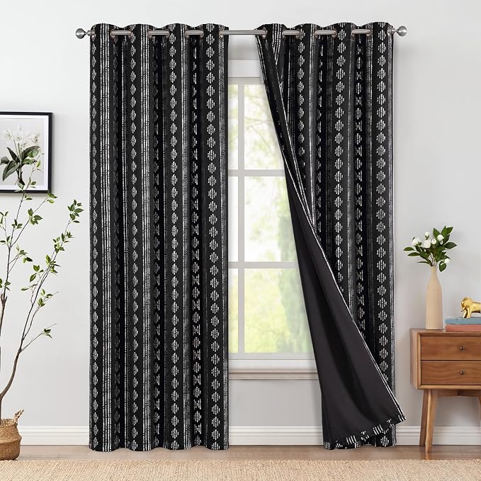 jinchan Boho Blackout Curtains 84 Inches Long for Bedroom Living Room | Silver on Black Geometric Grommet Curtains Room Darkening Thermal Insulated Window Treatments 2 Panels