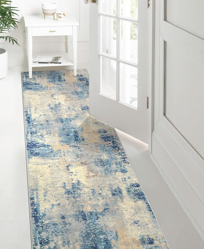 Lahome Modern Abstract Rug Runners for Hallways Non Slip, 2x7 Carpet Runner Rug for Kitchen Non Skid Washable, Soft Floor Mat for Bathroom Bedside Entrance RV, Blue/Yellow/Ivory
